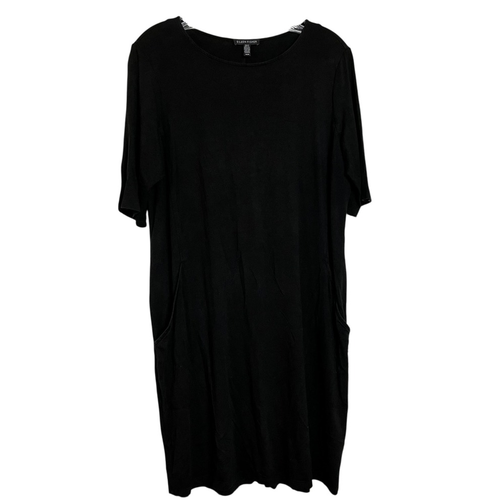 EILEEN FISHER Black Tencel Lyocell Short‎ Sleeve Crew Neck Pockets Midi Dress M